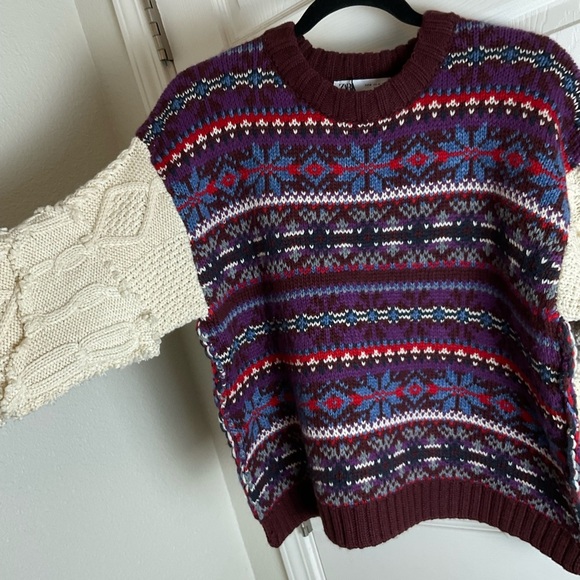 Zara Fair Isle knit pullover sweater with contrasting knit jacquard sleeves M - Picture 8 of 15